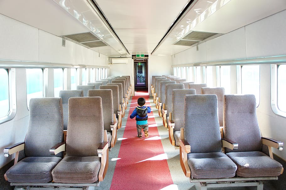 electric train, train in the, seat, bullet train, carpet, red, white, kids, from behind, seats