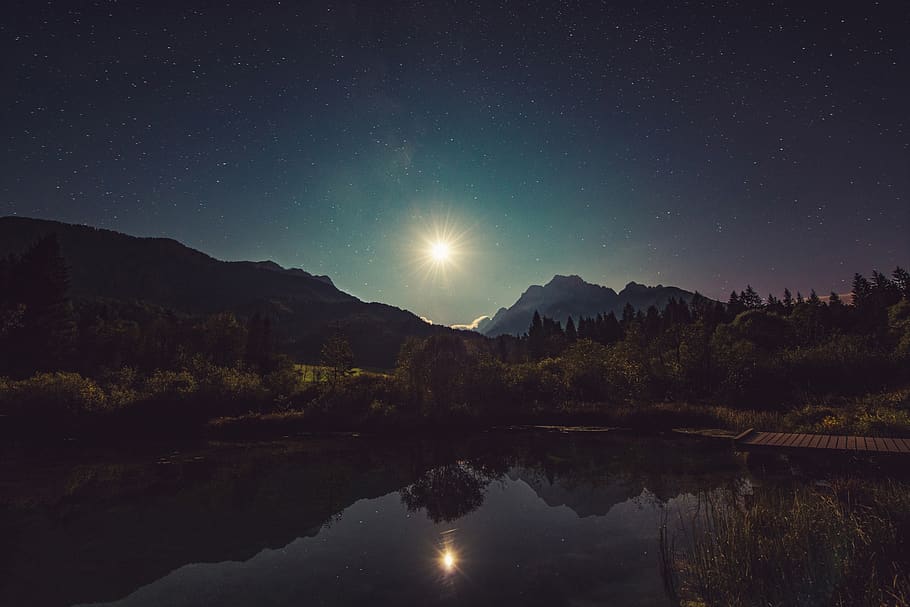 moonshine, lake, reflection, night, landscape, idyllic, bright, stars, sky, moon