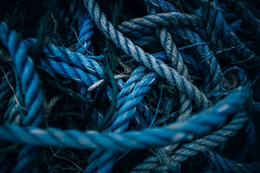 background, blue, close-up, craft, equipment, fiber, fishing, focus, industry, knot