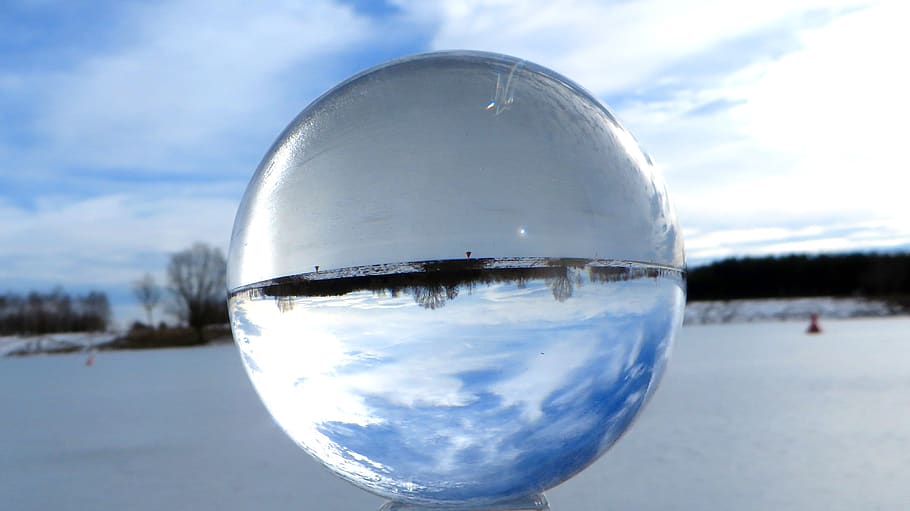 landscape, ball, sky, nature, mirroring, crystal ball, glass ball, winter, wintry, reflection