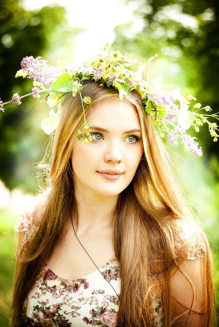 spring, nature, flowers, trees, white, park, flower, living nature, girl, wreath