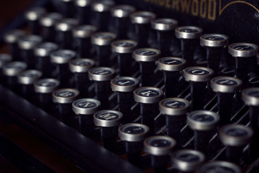 typewriter, vintage, letters, technology, indoors, in a row, close-up, retro styled, letter, selective focus
