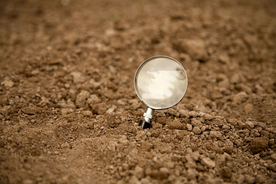 magnifying glass, earth, field, ground, bury, increase, land, dirt, nature, outdoors