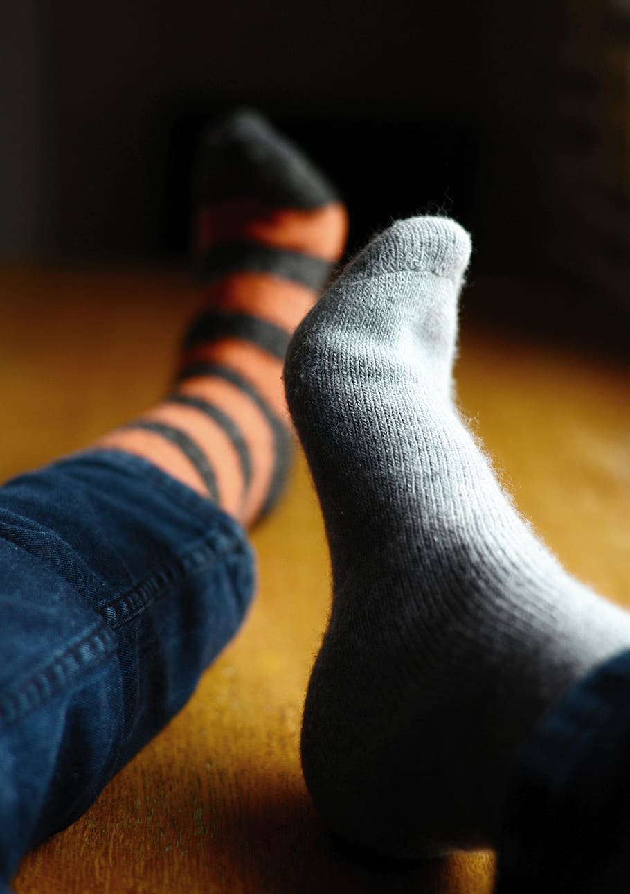socks, different, bi color, difference, wool, fluffy, pattern, feet, ten, light