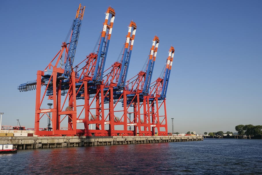 портовая промышленность, контейнер, контейнерные крановые системы, гамбург, козловые краны, эльба, морской, терминал, кран, порт гамбург