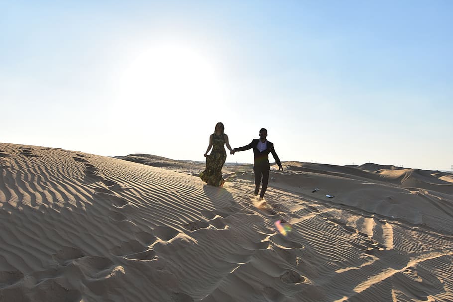 couple, walking, sand, desert, sand dune, man, woman, love, happy, footsteps