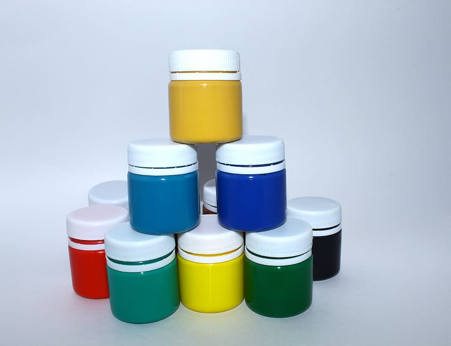 gouache, gouache paint, for drawing, white, background, different, colors, in jars, yellow, red