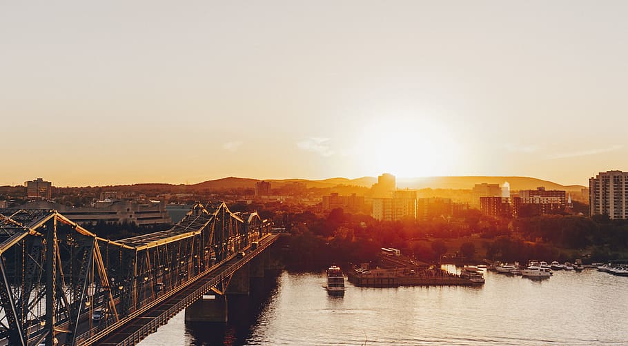 Gatineau, Ottawa, Quebec, puente, puesta de sol, agua, arquitectura, ciudad, cielo, anochecer