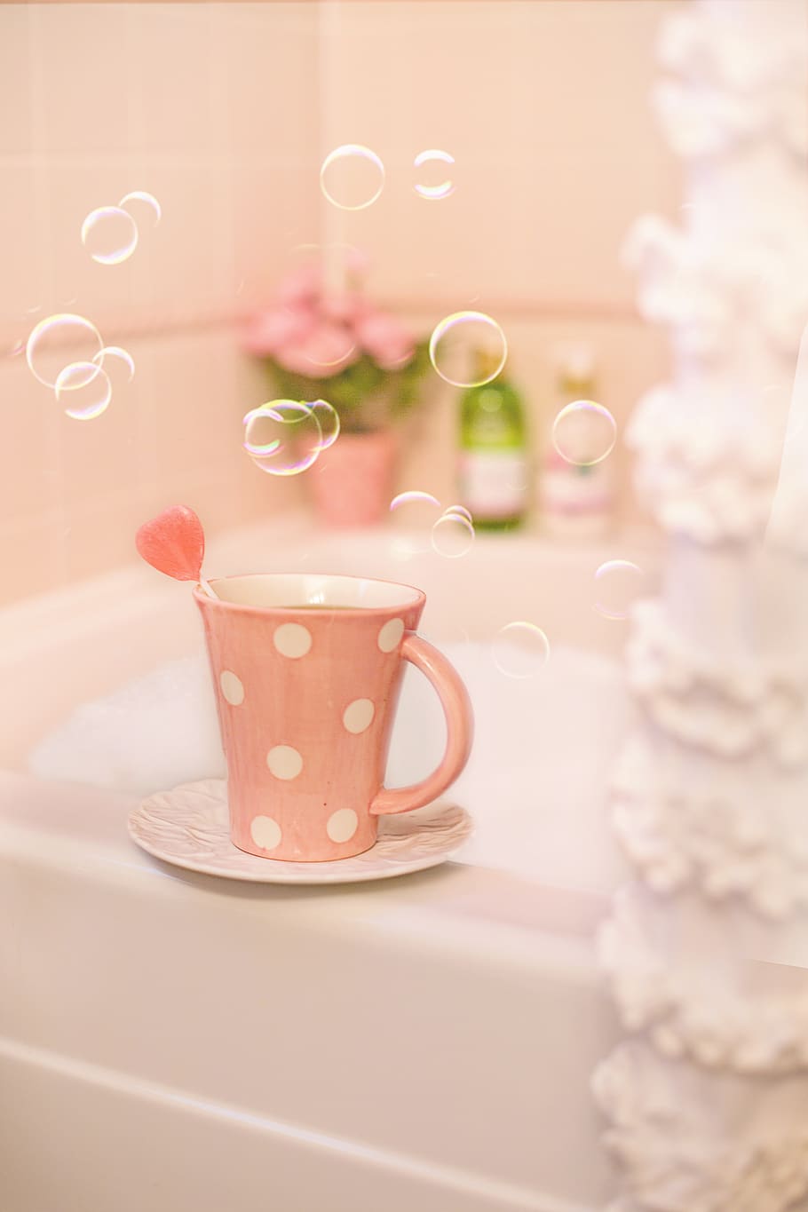 bubble bath, bath, pink, valentine's day, romantic, romance, tea, bathtub, bubbles, spa