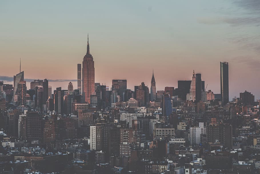 Manhattan, tarde, ciudad y urbano, edificio, paisaje urbano, rascacielos, puesta de sol, Estados Unidos, exterior del edificio, arquitectura
