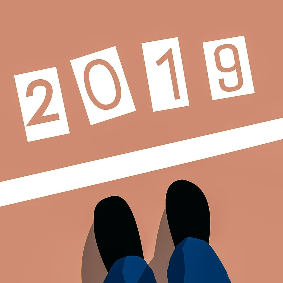 ilustração, pés, em pé, partida, linha, novo, ano, -, 2019, linha de partida