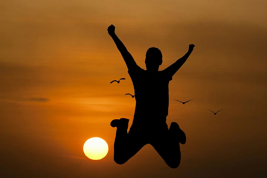 silhouette, young, man, jumping, setting, sun, background., youth, active, jump