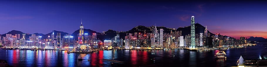 hong kong, horizonte, noche, arquitectura asia, rascacielos, china, centro de la ciudad, panorama, puerto, paisaje urbano