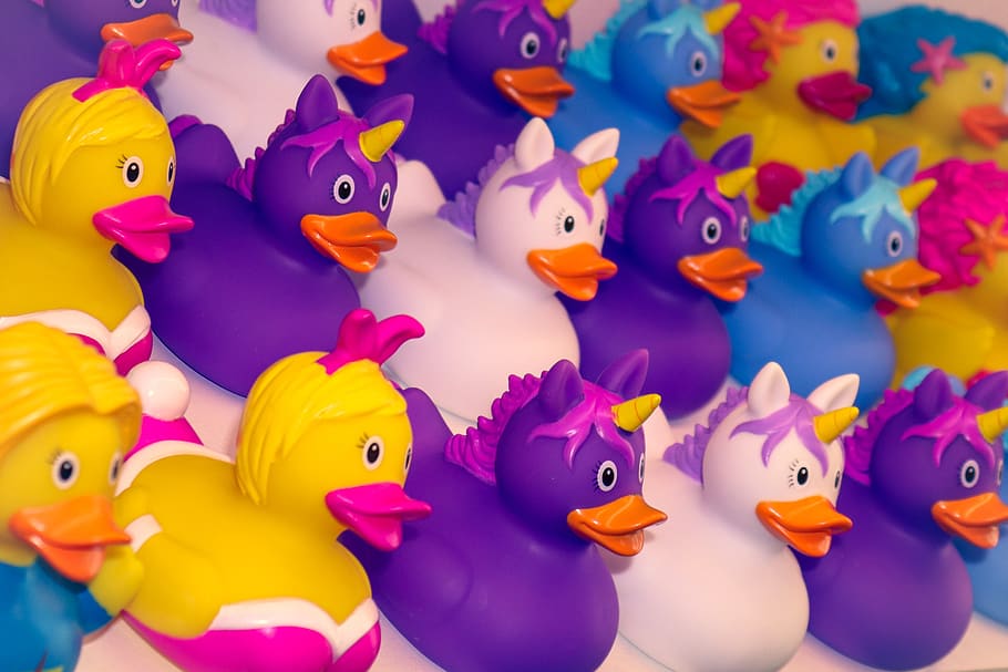 duck, bath duck, squeak duck, rubber duck, funny, colorful, unicorn, swim, figure, fun