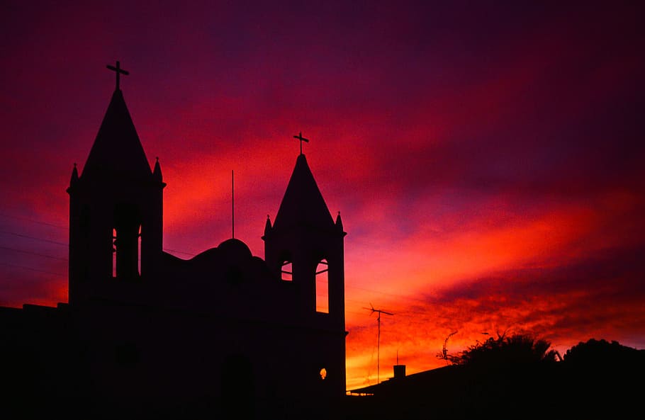 Rojo, naranja, nubes, iglesia, arquitectura, hermosa, brillante, católica, nube, cruz