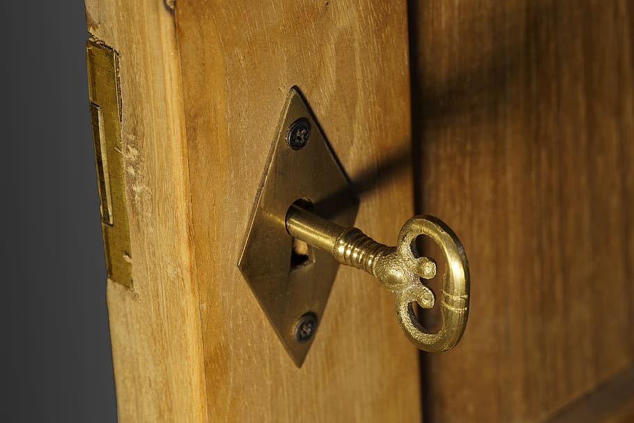 cerrar, puerta, madera, entrada, seguridad, castillo, agujero de la llave, llave, oro, antiguo