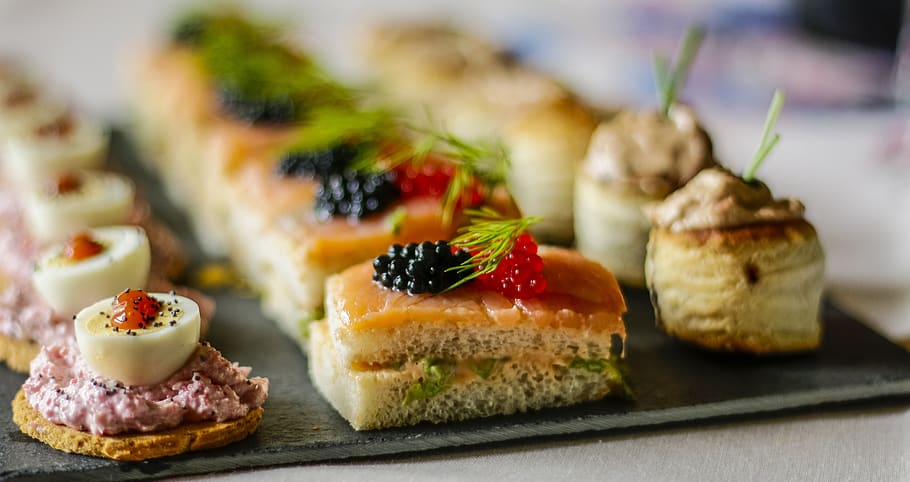 food, canapes, bread, couch, incoming, dish, top, toasts, mushrooms, salmon