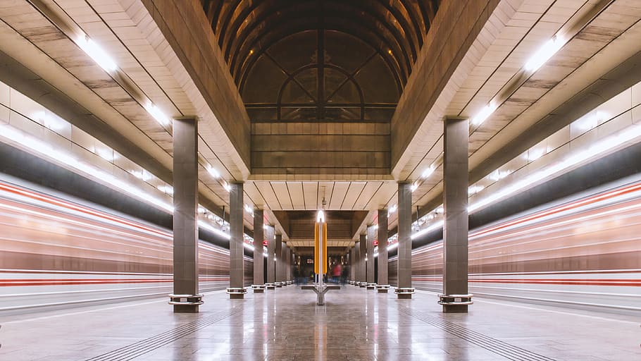 estação de metro, dois, subterrâneo, trem, movimento, arquitetura, transporte, movimento borrado, iluminado, estrutura construída