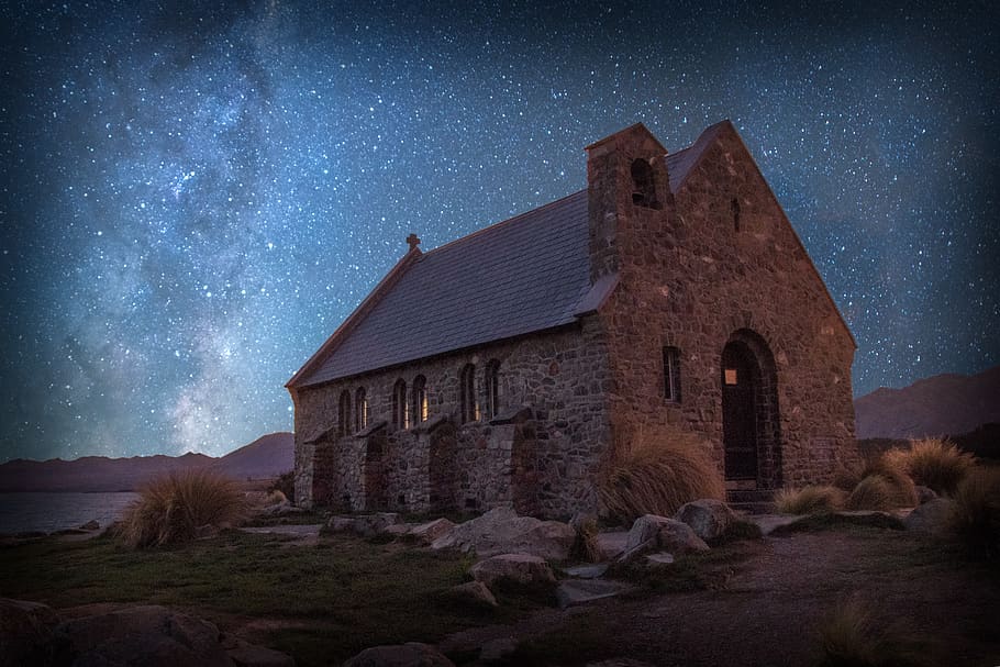 new zealand, lake tekapo, church of the good shepard, milky way, night, star - space, sky, built structure, architecture, building exterior