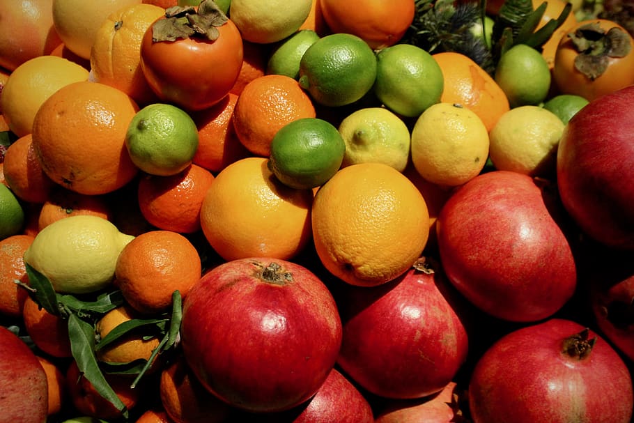 fruits, fruit, food, healthy, vitamins, nutrition, citrus fruits, lemon, pomegranate, orange