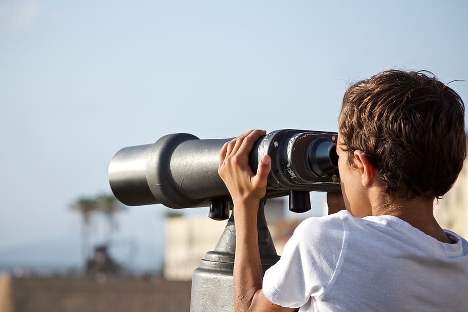 binoculars, future, outdoors, discovery, trip, holiday, guy, child, sky, landscape