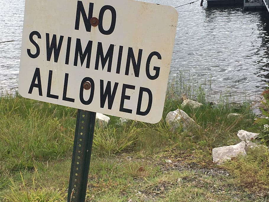 swimming, sign, oklahoma lake, oklahoma, lake, clouds, sky, warning, communication, text