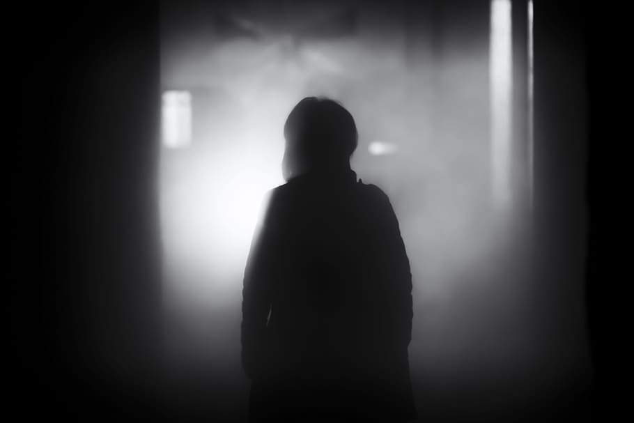 people, shadow, dark, night, smoke, black and white, monochrome, silhouette, rear view, back lit