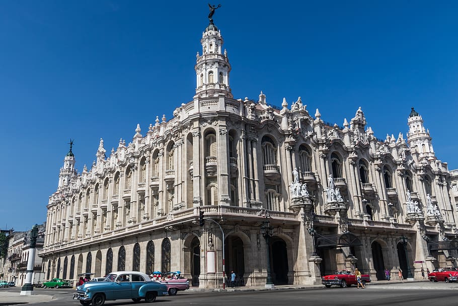 kuba, havana, teater nasional Kuba, tengara, kolonial, 11-18-18, bangunan eksterior, arsitektur, struktur yang dibangun, mobil