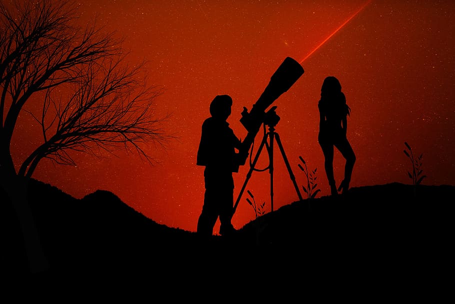 astronomy, looking up at the stars, star, night, silhouette, romantic, fantasy, telescope, explorer, man