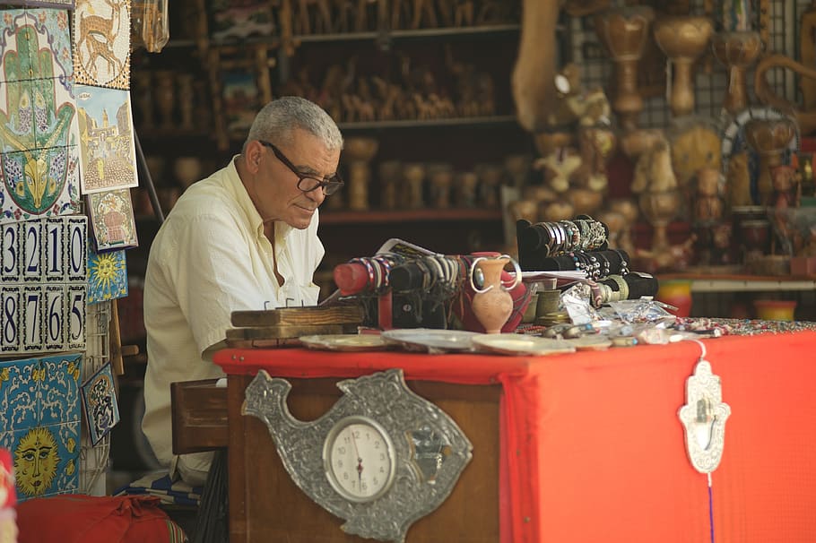 tunísia, mercado, homem, jóias, artesão, artesanato, vendedor, lembrança, nacional, bugigangas