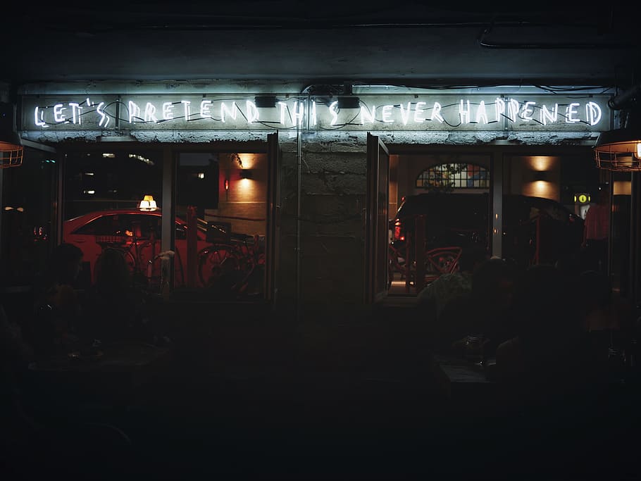 luces, señalización, restaurante, bar, personas, mujeres, hombre, oscuro, ventana, vidrio