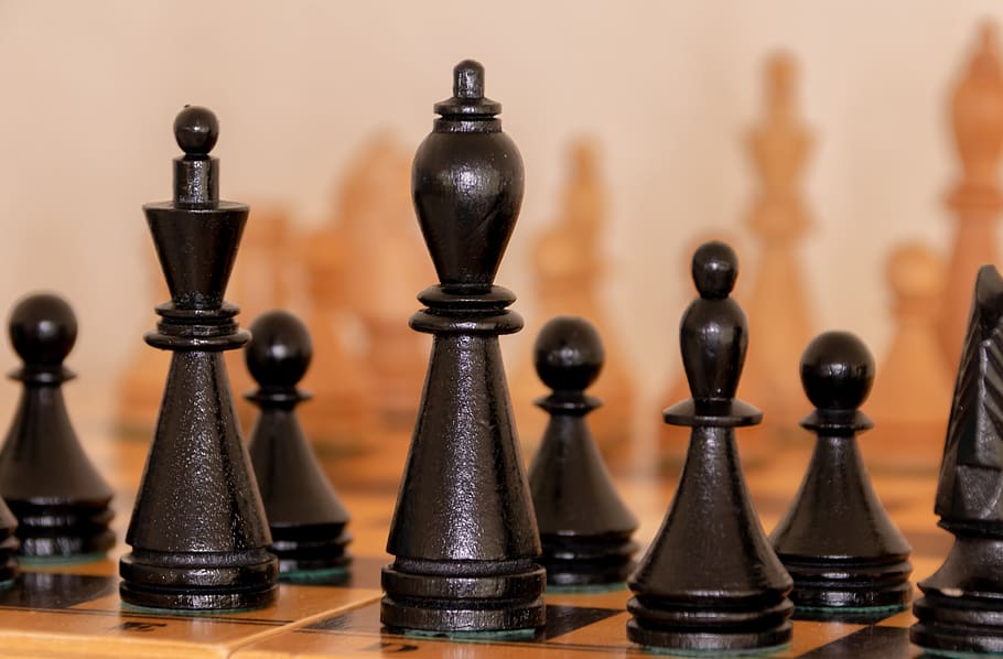 xadrez, Toque, figuras, preto, marrom, rei, senhora, madeira, lacado, estratégia