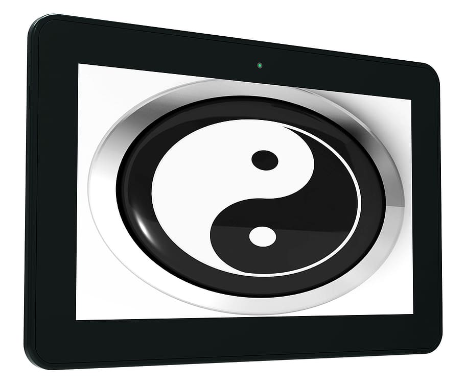 ying yang tablet meaning, spiritual, peace harmony, Buddhism, Tao, Taoism, Zen, balance, button, contrasts