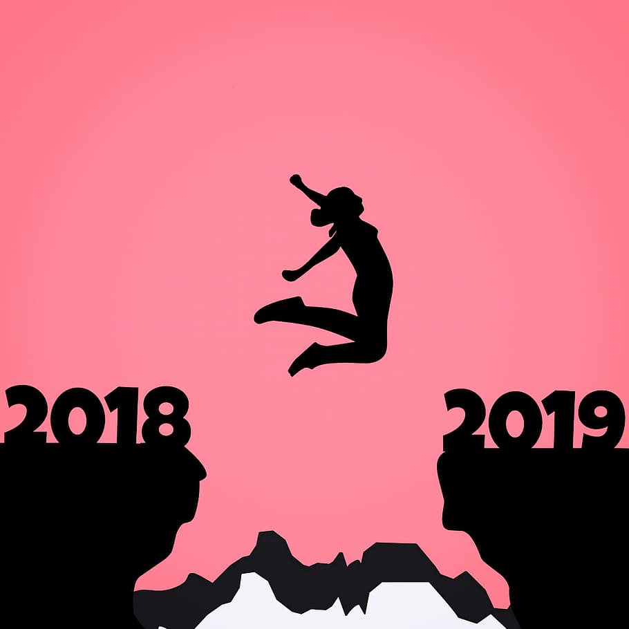 silhueta, saltando, 2018, 2019, véspera de ano novo, dia de ano novo, ano novo, mudança, mulheres, alegre
