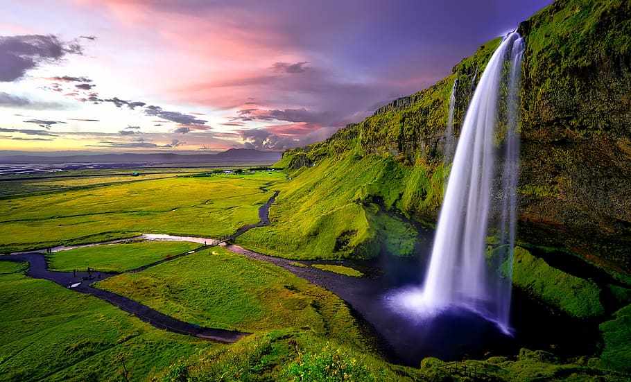seljalandsfoss, cachoeira, islândia, cai, penhasco, água, fluxo, rio, natureza, ao ar livre
