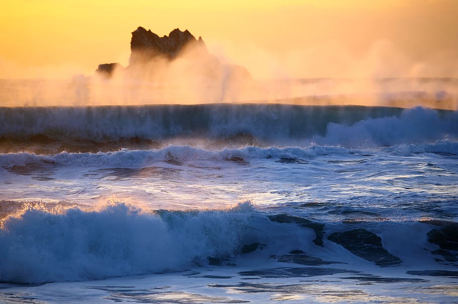 the pacific ocean, sunrise, sunset, beach, rocks, wave, water, sea, coast, seascape