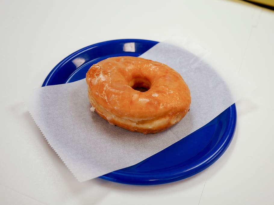 glazed, donut, sitting, blue, plate, bakery, breakfast, calories, chocolate, colorful