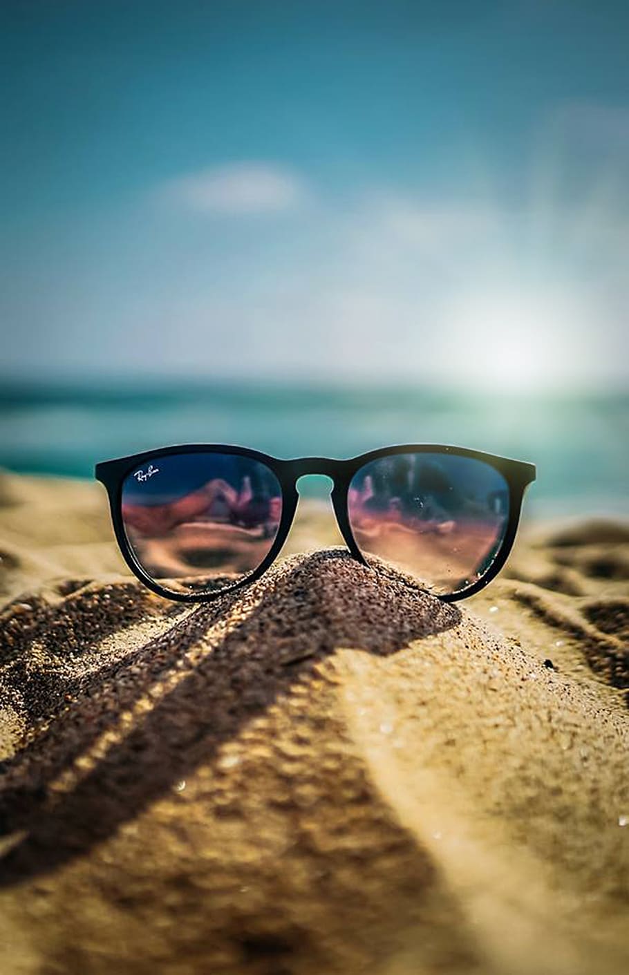 verano, playa, arena, sol, vacaciones, mar, cielo, azul, gafas, gafas de sol