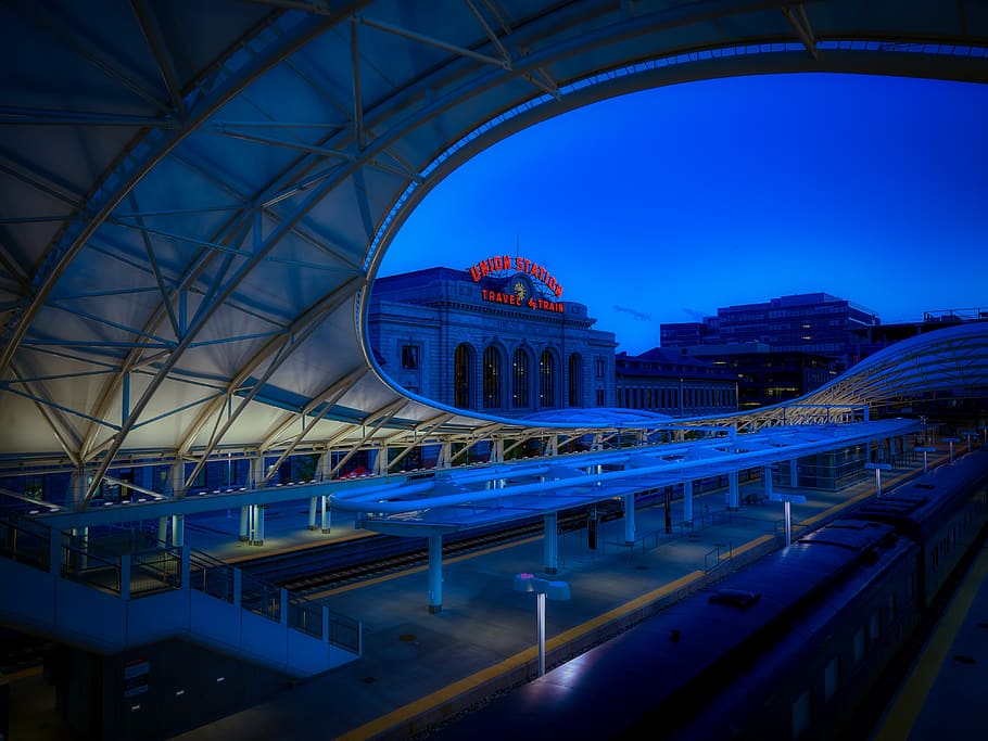 union station, denver, colorado, train, transportation, travel, railroad, historic, sunset, dusk