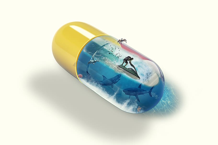 manipulation, pill capsule medicine, water skiing, shark, crab, starfish, sea, ocean, white background, business