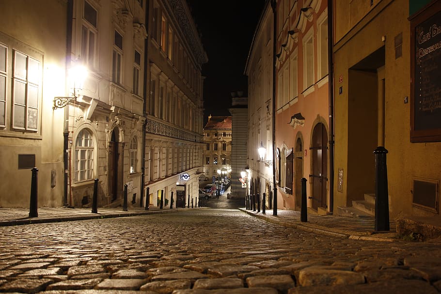 night, town, praha, prague, european, urban, prag, old, czechia, cobbled