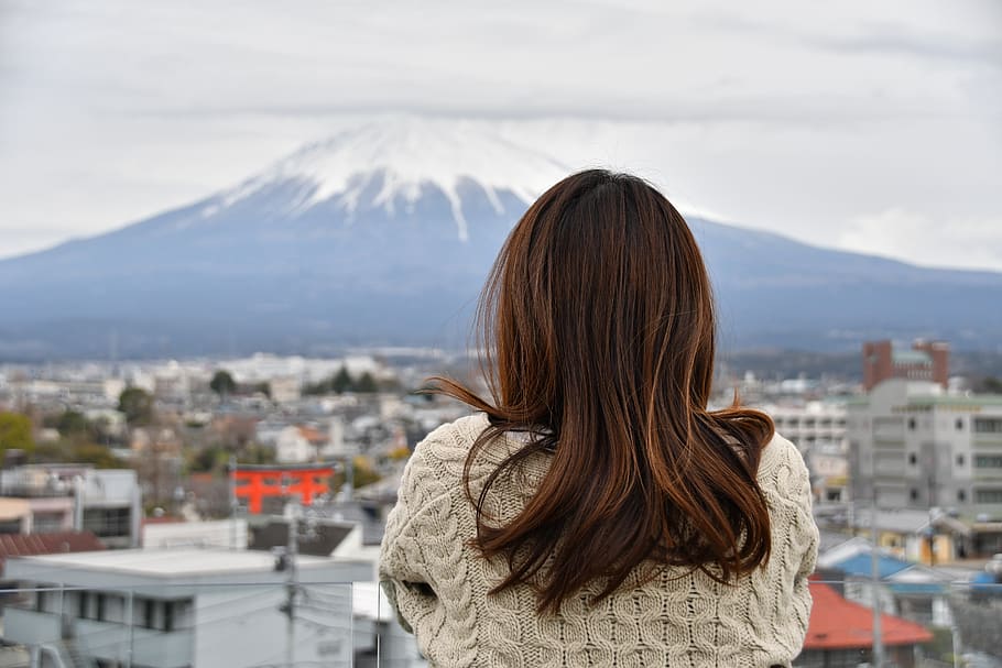 mt fuji, cloudy sky, longing, women, japan, from behind, thoughts, architecture, building exterior, rear view