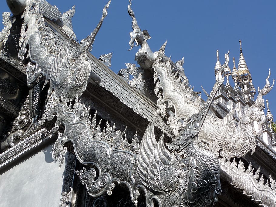 roof detail, silvered ordination hall, suphan buddhist temple, chiang, mai, thailand, buddha, buddhism, buddhist, statue