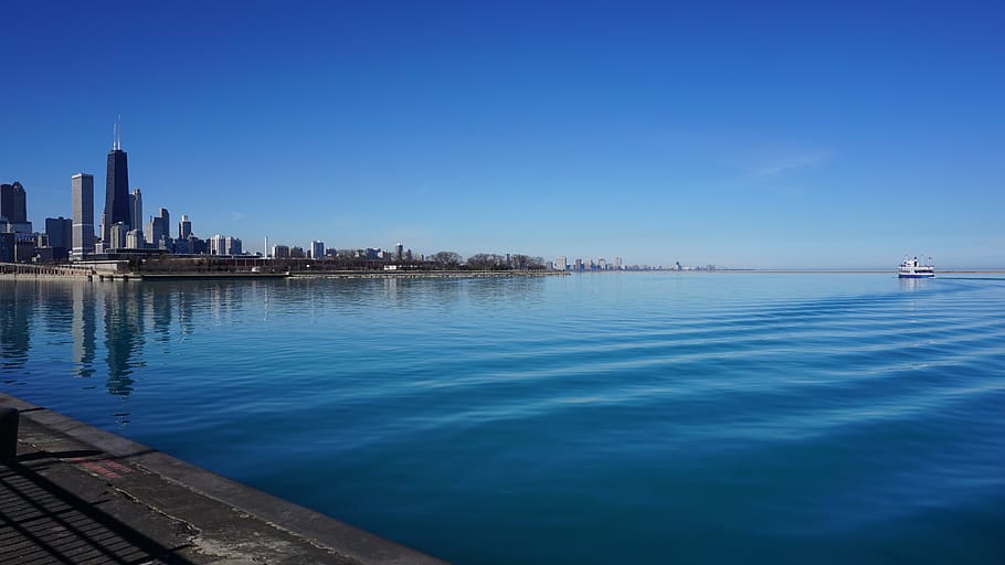 michigan lake, chicago, lake, illinois, azul, escena, navy pier, verano, rascacielos, agua