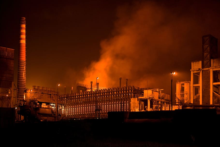 factory pollution, various, factory, industrial, industry, building exterior, architecture, built structure, night, smoke - physical structure