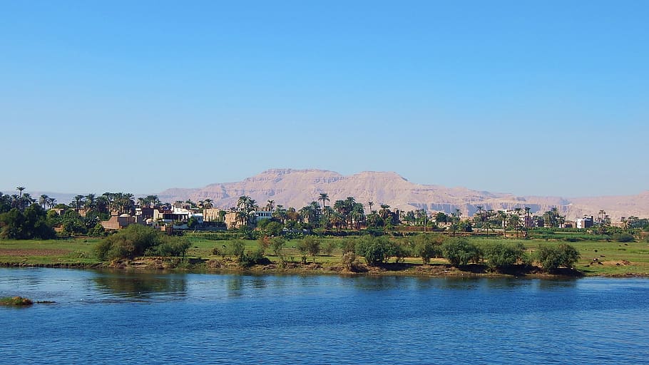 nile, egypt, luxor, river, mountain, landscape, shipping, water, sky, tree