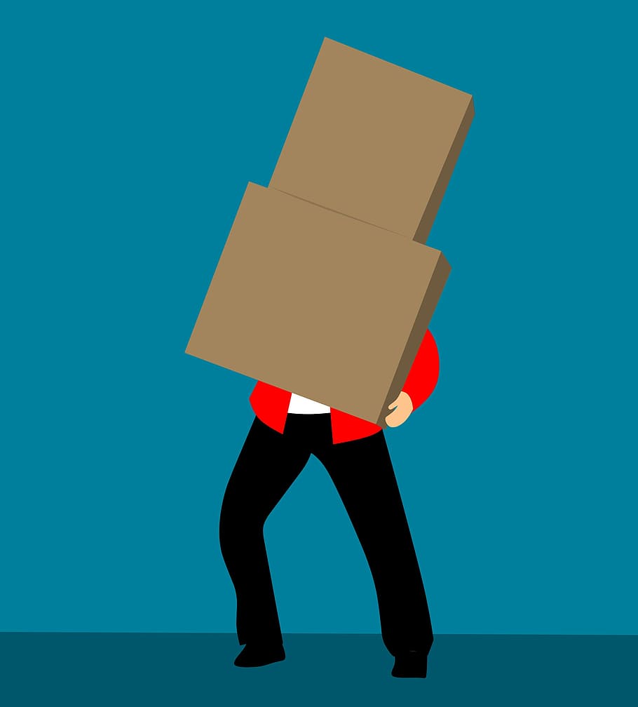 illustration, man, carrying, stack, brown, cardboard boxes, boxes., boxes, cardboard, overload