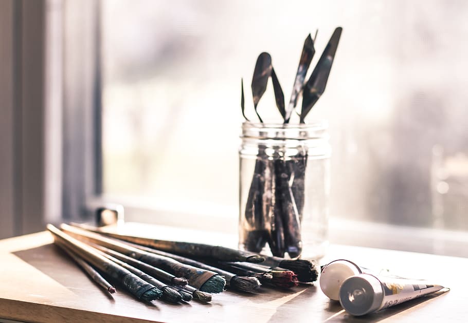 art, paint, tools, artist, window, studio, office, desk, paint brush, jar