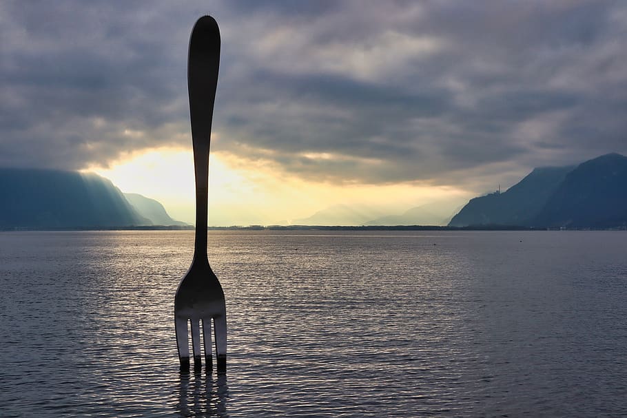 fork, sculpture, vevey, the fork, lake, art, abstract, mood, water, sky