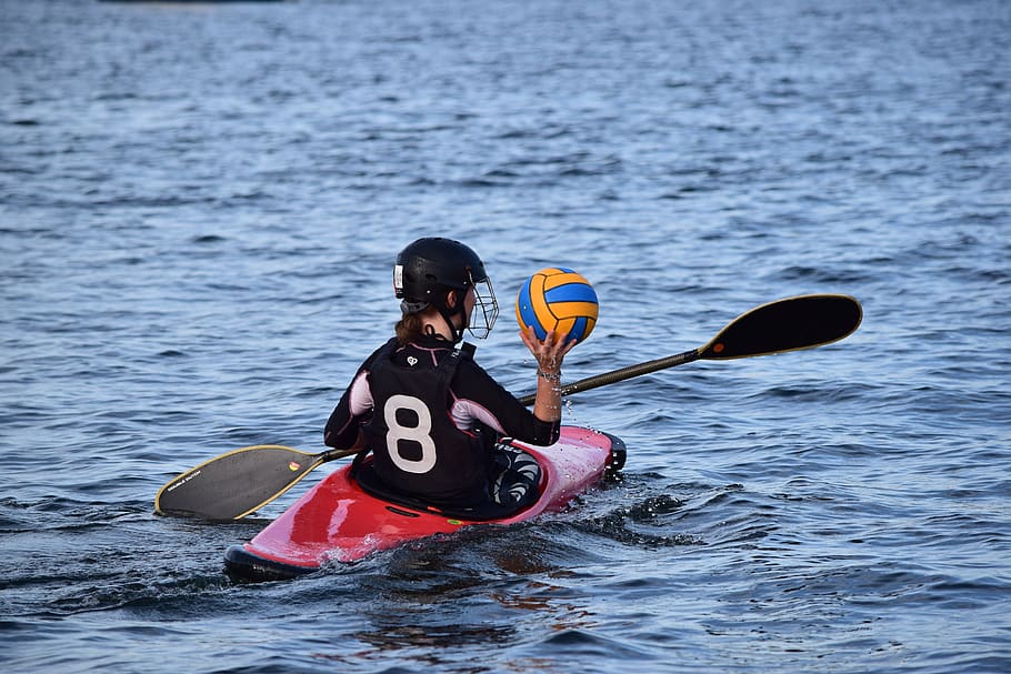 canoeing, canoe polo, training, ball sports, play, ball, paddle, water, sport, ball game